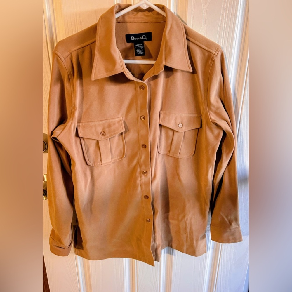 Denim & Co. Vintage Micro Suede Tan Button-Up Shirt Jacket Size Medium